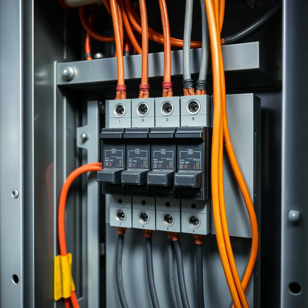 Detall d'un quadre elèctric amb cablejat i magnetotèrmics